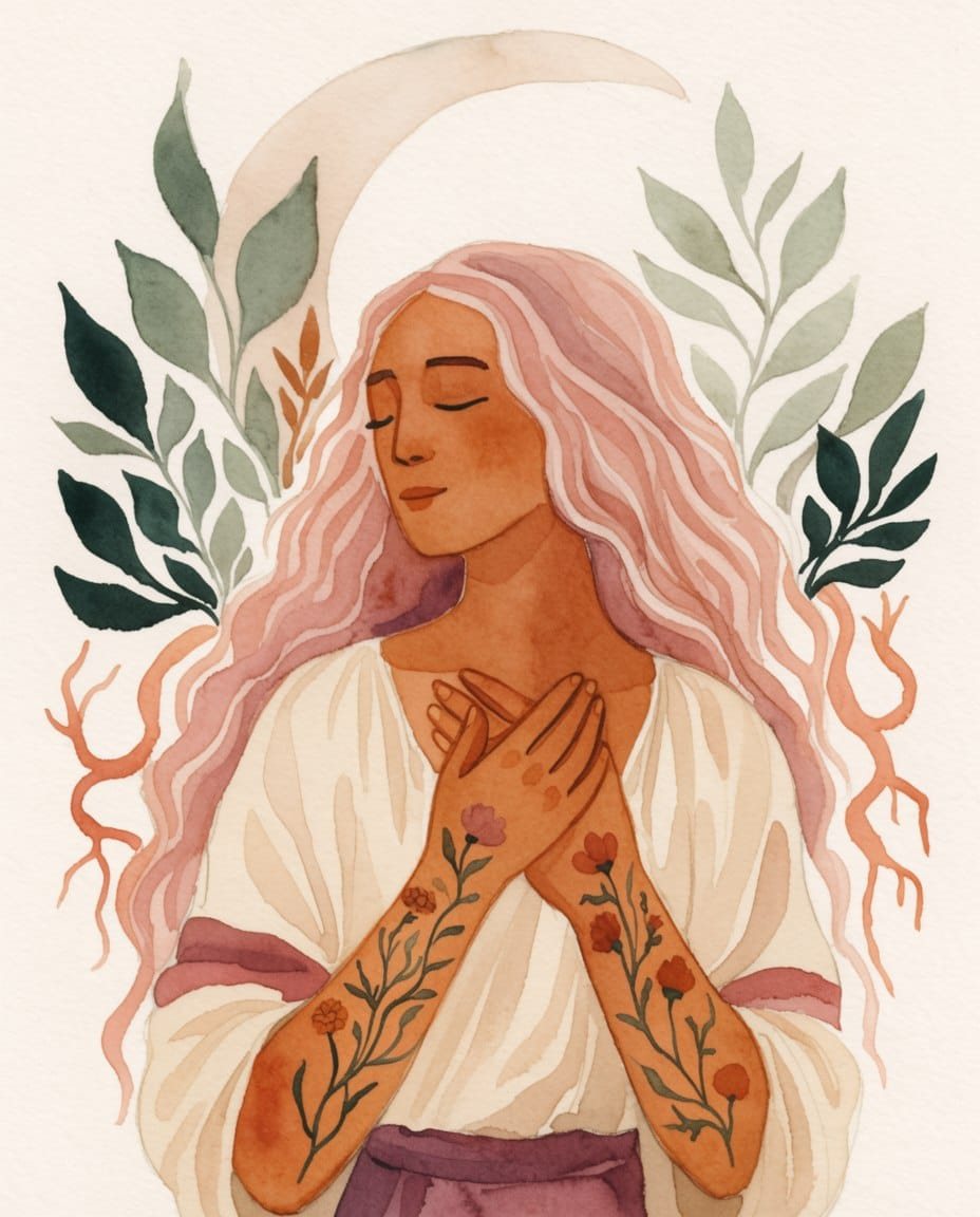 Ilustração em aquarela de uma mulher de cabelos rosados e olhos fechados, com as mãos cruzadas sobre o peito e flores desenhadas nos braços, cercada por folhas e por uma lua crescente.